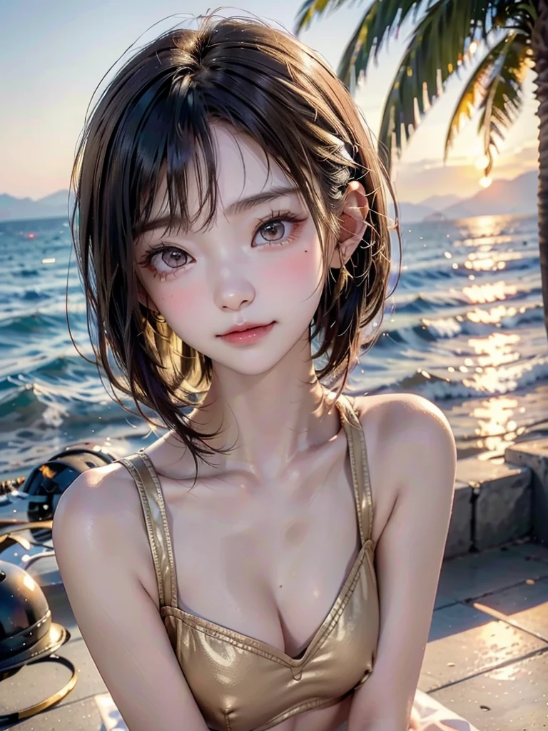 One Girl，(1人のとてもcute女の子:1.3)，masterpiece，Highest quality，High resolution，From below，Low - Angle，Photorealistic，RAW Photos，Ray Tracing，Physically Based Rendering，beautiful girl，(15 years old:1.3)，cute，Big eyes，(detailed pupils:1.2)，(The face is facing straight ahead:1.3)，Body facing forward，Beautiful nose，High nose，Upturned nose，Fuller lips，Short black hair，ponytail，short hair，Detailed eyelashes，Thin eyebrows，Very fine grain definition，(Symmetrical eyes，Golden Ratio:1.3)，(Face close-up，Face Focus:1.0)，Small breasts，Short neck，White swimsuit，White Bikini，The background is the sea，Southern Island，sunset，Sunset，Portrait，View Viewer，Upper Body，Cinema Lighting，High resolution，Very detailed