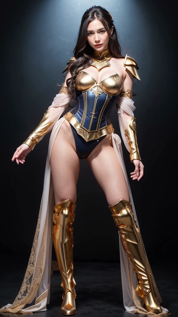 Masterpiece, best quality, 1girl, gold lace underwear, belly armor, armor corset, lace bra, extremely beautiful, fit body, full makeups, blue eyes, mecha (gold legs armor), (gold hands armor), (arms armor), garter, lace stockings, wavy hair, pink hair,extreme details, crisp picture, posing in the middle, symmetrical pose, (full body:1.3), front view, small breasts, (perfect anatomy), volumetric lights, octane rendering,  cameltoe