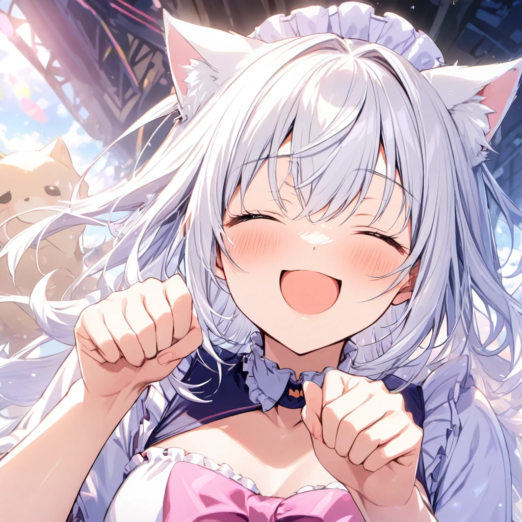 face close-up,paw pose,(Smiling with eyes closed),Spectacular Background,mishiro hand