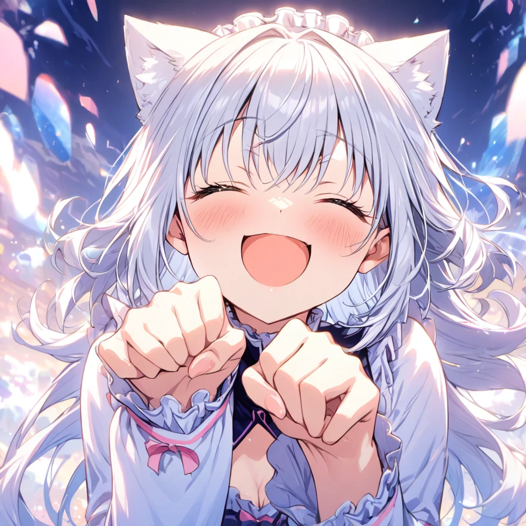 face close-up,paw pose,(Smiling with eyes closed),Spectacular Background,mishiro hand