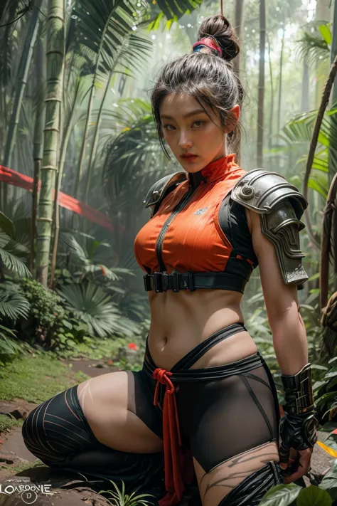bamboo forest background，A look of determination，colorful vivid octane render, cybernetic and highly detailed, loba andrade from...
