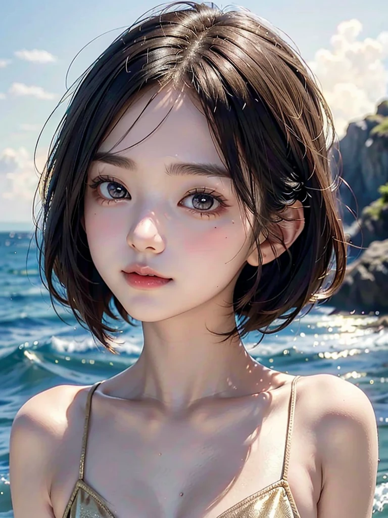 One Girl，(1人のとてもcute女の子:1.3)，masterpiece，Highest quality，High resolution，From below，Low - Angle，Photorealistic，RAW Photos，Ray Tracing，Physically Based Rendering，beautiful girl，(15 years old:1.3)，cute，Big eyes，(detailed pupils:1.2)，(The face is facing straight ahead:1.3)，Body facing forward，Beautiful nose，High nose，Upturned nose，Fuller lips，Short black hair，ponytail，short hair，Detailed eyelashes，Thin eyebrows，Very fine grain definition，(Symmetrical eyes，Golden Ratio:1.3)，(Face close-up，Face Focus:1.0)，Small breasts，Short neck，White swimsuit，White Bikini，The background is the sea，Southern Island，sunset，Sunset，Portrait，View Viewer，Upper Body，Cinema Lighting，High resolution，Very detailed