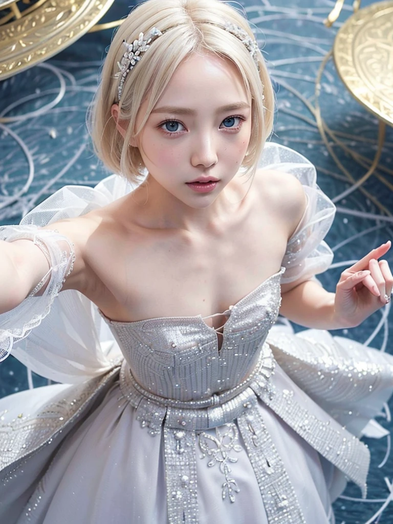 8K,Confused, High resolution, Very detailed, 1 Girl, alone, Very beautiful eyes, Ultra-precise depiction, Very detailed depiction, (Tangled:1.2), , (Abstract background:1.5), (Wedding dress:1.2 Short platinum blonde, (Shiny skin), Many colors, , (Shooting from above:1.2),Small body、Flat Body、slim、cute、、Round face、Cast a Shadow