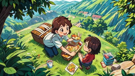 two teachers took a group of children on an outing，picnic，angle of view from above