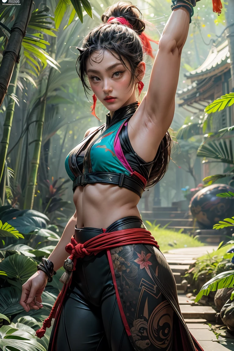 bamboo forest background，A look of determination，colorful vivid octane render, cybernetic and highly detailed, loba andrade from apex legends, created in unreal engine 5, made in unreal engine 5, trending on unreal engine 5, Antique portraits, Martial arts fantasy style 8k octane rendering, rendered in unreal 5, rendered in high octane