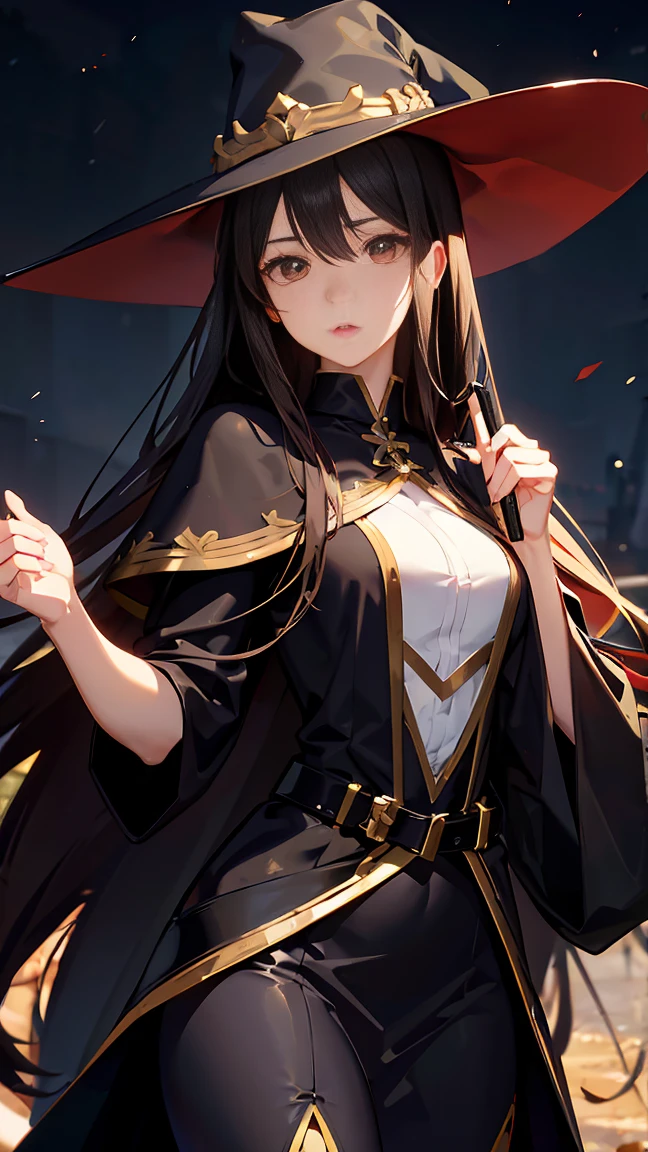 anime style, masterpiece, accurate, textured skin, high quality, best quality, highres, high details, super detail, gorgeous adult woman, black hair, Wizard, wide-brimmed hat, black dress, wand, brown hair, long hair, innocent expression