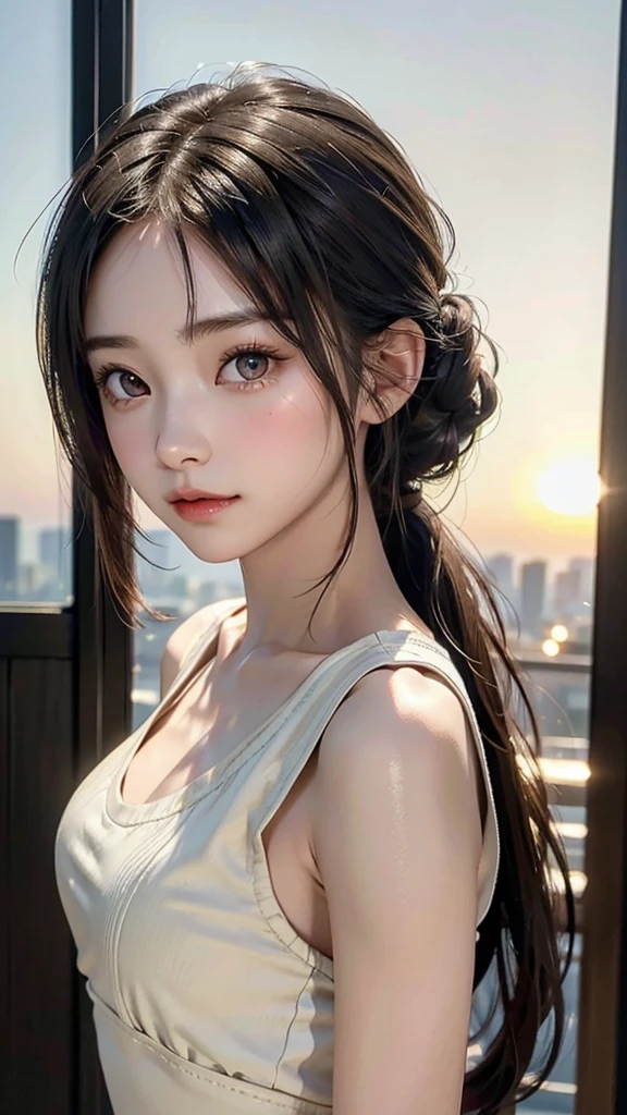 One Girl，(1人のとてもcute女の子:1.3)，masterpiece，Highest quality，High resolution，From below，Low - Angle，Photorealistic，RAW Photos，Ray Tracing，Physically Based Rendering，beautiful girl，(15 years old:1.3)，cute，Big eyes，(detailed pupils:1.2)，(The face is facing straight ahead:1.3)，Body facing forward，Beautiful nose，High nose，Upturned nose，Fuller lips，Short black hair，ponytail，short hair，Detailed eyelashes，Thin eyebrows，Very fine grain definition，(Symmetrical eyes，Golden Ratio:1.3)，(Face close-up，Face Focus:1.0)，Small breasts，Short neck，Sailor suit，uniform，A city with slopes，Downtown，sunset，Sunset，Portrait，View Viewer，Upper Body，Cinema Lighting，High resolution，Very detailed