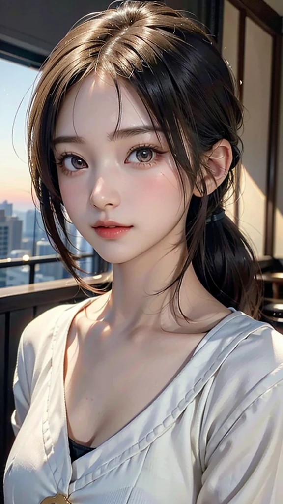 One Girl，(1人のとてもcute女の子:1.3)，masterpiece，Highest quality，High resolution，From below，Low - Angle，Photorealistic，RAW Photos，Ray Tracing，Physically Based Rendering，beautiful girl，(15 years old:1.3)，cute，Big eyes，(detailed pupils:1.2)，(The face is facing straight ahead:1.3)，Body facing forward，Beautiful nose，High nose，Upturned nose，Fuller lips，Short black hair，ponytail，short hair，Detailed eyelashes，Thin eyebrows，Very fine grain definition，(Symmetrical eyes，Golden Ratio:1.3)，(Face close-up，Face Focus:1.0)，Small breasts，Short neck，Sailor suit，uniform，A city with slopes，Downtown，sunset，Sunset，Portrait，View Viewer，Upper Body，Cinema Lighting，High resolution，Very detailed