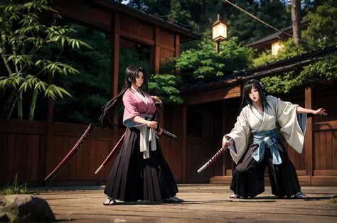 2girl, black hair, long hair, headband, japanese clothes, holding weapon, katana, standing, outdoors, bamboo forest, upper body,...