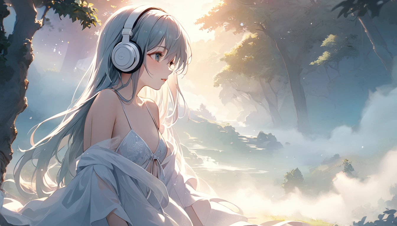 Character: One girl
Age: 18
Wearing: Large headphones
Appearance: Beautiful girl
Clothing: Revealing
Mood: Mystical

Background: Morning mist, dreamy, morning