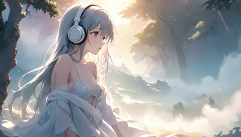 character: one girl
age: 18
wearing: large headphones
appearance: beautiful girl
clothing: revealing
mood: mystical

background:...