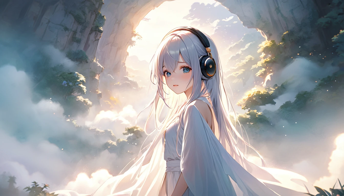 Character: One girl
Age: 18
Wearing: Large headphones
Appearance: Beautiful girl
Clothing: Revealing
Mood: Mystical

Background: Morning mist, dreamy, morning