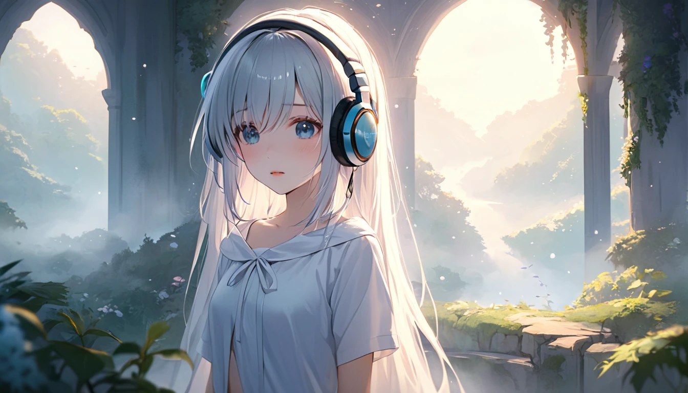 Character: One girl
Age: 18
Wearing: Large headphones
Appearance: Beautiful girl
Clothing: Revealing
Mood: Mystical

Background: Morning mist, dreamy, morning