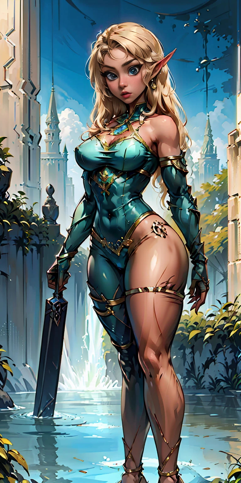 Extremely detailed Artgerm style: This sets the overall artistic style with a high level of detail. Fantasy art: This specifies the genre. Goddess of the green forest: This defines the character's role and gives context to the setting. Woman with long, elf ears: This incorporates the elf features. Black skin: This specifies the character's race. Ornate bikini armor: This combines the skimpy clothing with a fantastical, protective element. Blue high heels standing straight symmetrical: This suggests the color of the bikini and potentially the water body. Long, messy blonde hair: This adds a detail that contrasts the Artgerm style, which is typically more polished for hair.