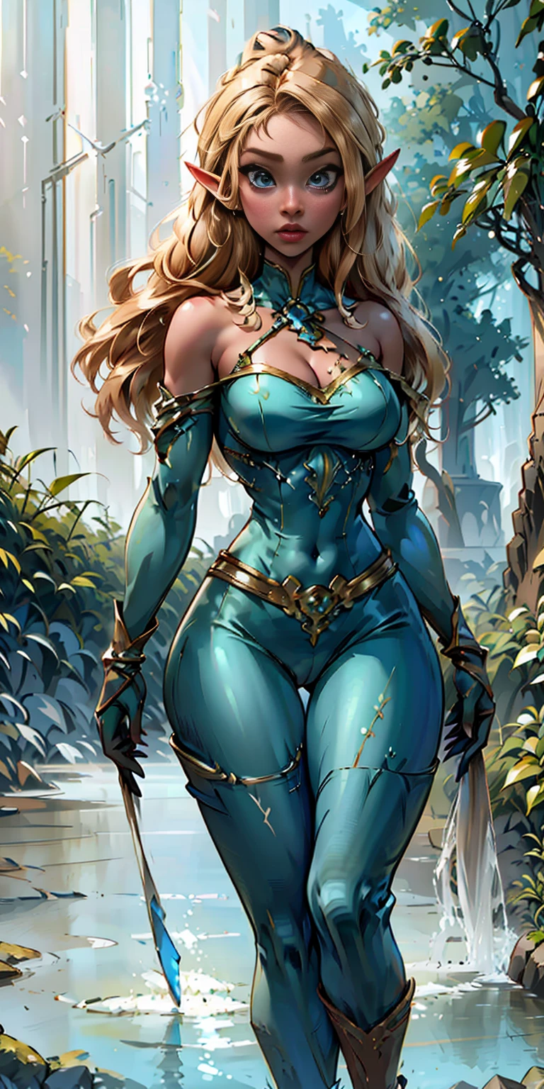 Extremely detailed Artgerm style: This sets the overall artistic style with a high level of detail. Fantasy art: This specifies the genre. Goddess of the green forest: This defines the character's role and gives context to the setting. Woman with long, elf ears: This incorporates the elf features. Black skin: This specifies the character's race. Ornate bikini armor: This combines the skimpy clothing with a fantastical, protective element. Blue high heels standing straight symmetrical: This suggests the color of the bikini and potentially the water body. Long, messy blonde hair: This adds a detail that contrasts the Artgerm style, which is typically more polished for hair.