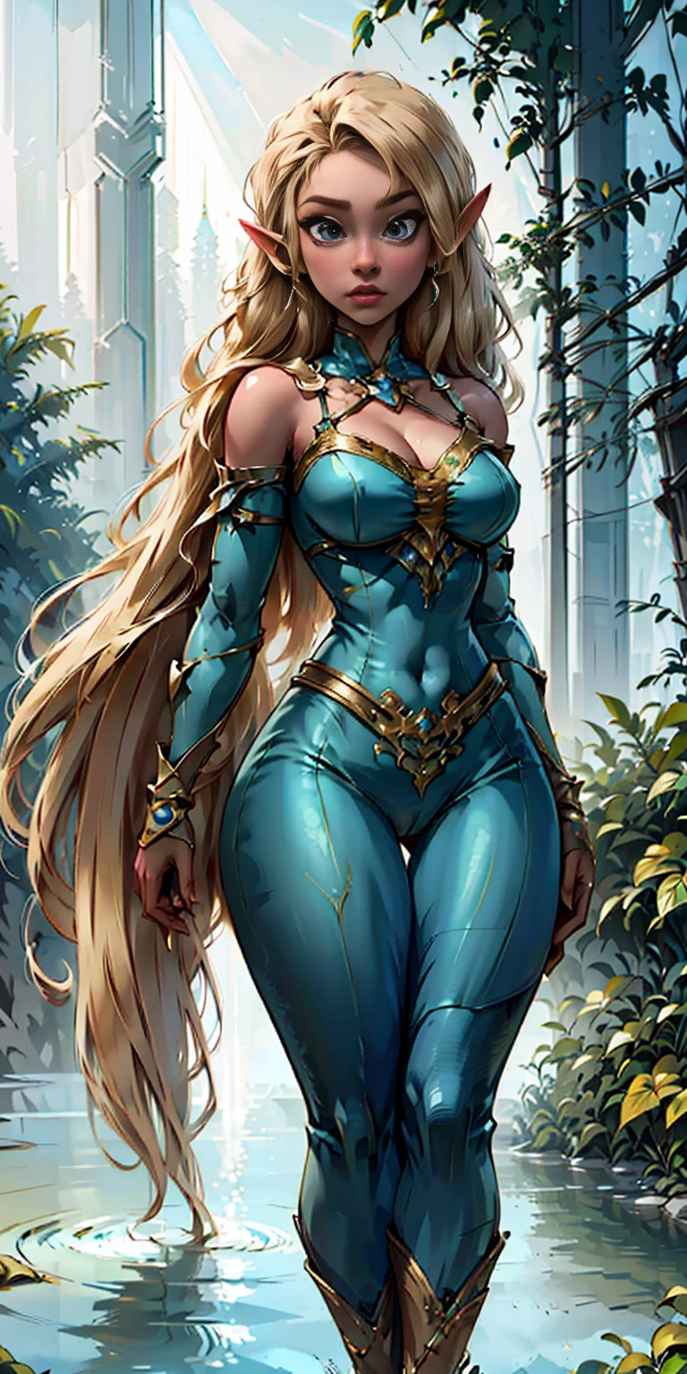 Extremely detailed Artgerm style: This sets the overall artistic style with a high level of detail. Fantasy art: This specifies the genre. Goddess of the green forest: This defines the character's role and gives context to the setting. Woman with long, elf ears: This incorporates the elf features. Black skin: This specifies the character's race. Ornate bikini armor: This combines the skimpy clothing with a fantastical, protective element. Blue high heels standing straight symmetrical: This suggests the color of the bikini and potentially the water body. Long, messy blonde hair: This adds a detail that contrasts the Artgerm style, which is typically more polished for hair.