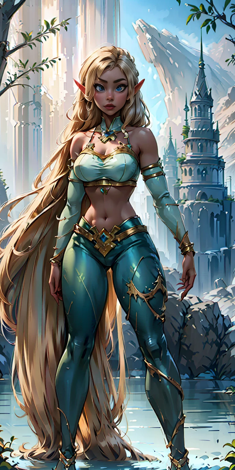 Extremely detailed Artgerm style: This sets the overall artistic style with a high level of detail. Fantasy art: This specifies the genre. Goddess of the green forest: This defines the character's role and gives context to the setting. Woman with long, elf ears: This incorporates the elf features. Black skin: This specifies the character's race. Ornate bikini armor: This combines the skimpy clothing with a fantastical, protective element. Blue high heels standing straight symmetrical: This suggests the color of the bikini and potentially the water body. Long, messy blonde hair: This adds a detail that contrasts the Artgerm style, which is typically more polished for hair.