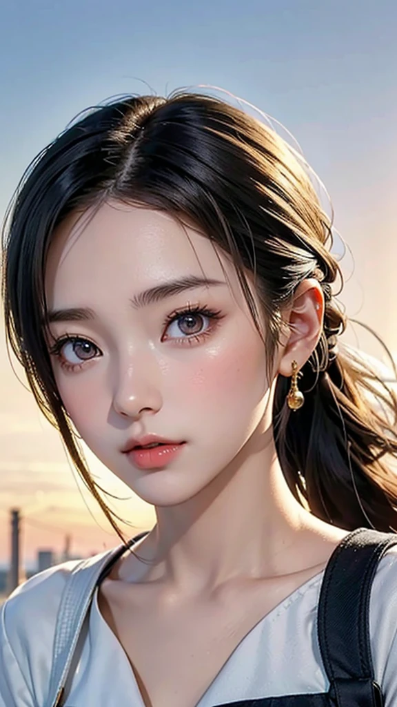 One Girl，(1人のとてもcute女の子:1.3)，masterpiece，Highest quality，High resolution，From below，Low - Angle，Photorealistic，RAW Photos，Ray Tracing，Physically Based Rendering，beautiful girl，(15 years old:1.3)，cute，Big eyes，(detailed pupils:1.2)，(The face is facing straight ahead:1.3)，Body facing forward，Beautiful nose，High nose，Upturned nose，Fuller lips，Short black hair，ponytail，short hair，Detailed eyelashes，Thin eyebrows，Very fine grain definition，(Symmetrical eyes，Golden Ratio:1.3)，(Face close-up，Face Focus:1.0)，Small breasts，Short neck，Sailor suit，，A city with slopes，Downtown，sunset，Sunset，Portrait，View Viewer，Upper Body，Cinema Lighting，High resolution，Very detailed