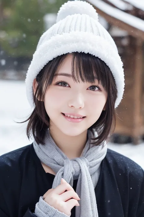 beautiful japanese women,(winter clothes:1.2), age 25、green coat, total neck、white snow hat, (raw photos, highest quality), (rea...