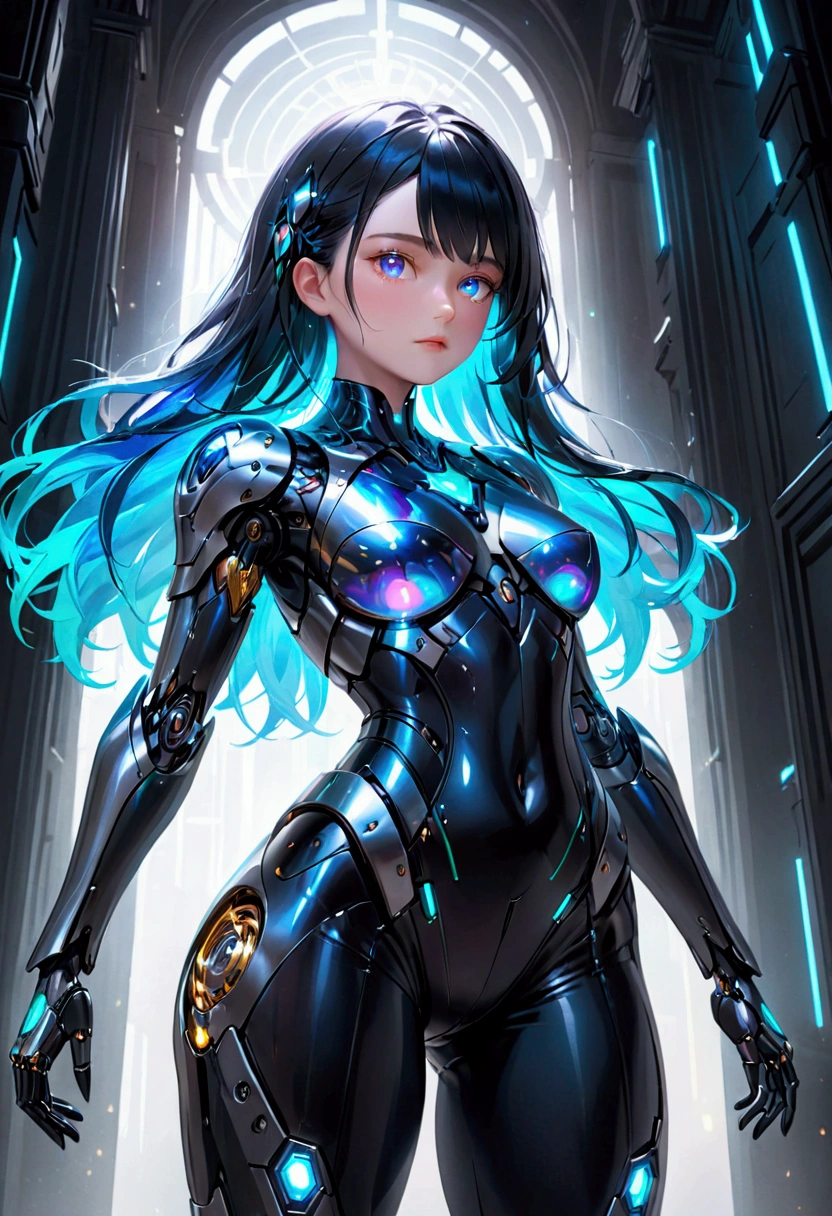 Girl with large thighs small waist and , detailed long black iridescent  hair - SeaArt AI