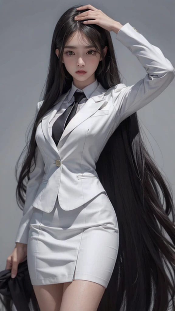 business woman, beautiful woman, Wear a suit and tie, short skirt suit, business suitwhite, กระโปรงดินสอสั้นwhite, business suitรัดรูป, All white outfit, Emphasize the curves of the body, (สาวสวยTwo meter long hair, my hair is very long., extra long hair, long black hair), business suit, (Italian style suit, two button suit), (Italian suit, white สูท, Set of two buttons), (wearing a women&#39;s suit, Business Women Suit, white), (สูทผู้หญิงwhite), (เสื้อเชิ้ตwhite), necktie, (necktieสั้นสีดำ, necktieสีดำ, necktieผอม, ถักnecktie), (military rank insignia), (Short pencil skirtwhite), (Dynamic posts), full body, (A gigantic rift), (big breasts, thin body, small waist, hips raised, small thighs, Long legs), high-heelsสีดำ, (Short pencil skirt, white), Wearing a suit for a business woman, (Wearing a white businesสูท, business suitหญิงwhite), (tight, military regalia, เสื้อwhite, กระโปรงwhite), Long legs, (black shoes), (Two gold สูท buttons, Two meter long hair, Form fitting suit, เสื้อสูทwhiteทรงธรรมดารัดรูป), (black shoes, high-heels), (stand, walk, elegant gesture, Dynamic posts), short dress, earring, garden, Modeling