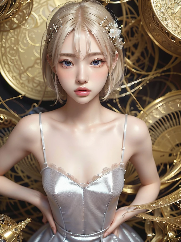 8K,Confused, High resolution, Very detailed, 1 Girl, alone, Very beautiful eyes, Ultra-precise depiction, Very detailed depiction, (Tangled:1.2), , (Abstract background:1.5), (Wedding dress:1.2 Short platinum blonde, (Shiny skin), Many colors, , (Shooting from above:1.2),Small body、Flat Body、slim、cute、、Round face、Cast a Shadow