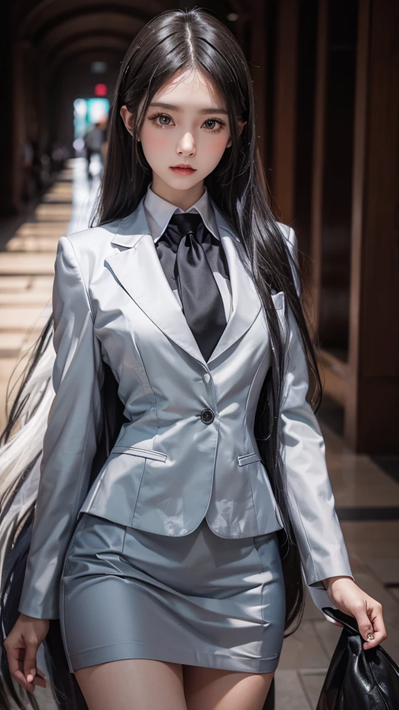 business woman, beautiful woman, Wear a suit and tie, short skirt suit, business suitwhite, กระโปรงดินสอสั้นwhite, business suitรัดรูป, All white outfit, Emphasize the curves of the body, (สาวสวยTwo meter long hair, my hair is very long., extra long hair, long black hair), business suit, (Italian style suit, two button suit), (Italian suit, white สูท, Set of two buttons), (wearing a women&#39;s suit, Business Women Suit, white), (สูทผู้หญิงwhite), (เสื้อเชิ้ตwhite), necktie, (necktieสั้นสีดำ, necktieสีดำ, necktieผอม, ถักnecktie), (military rank insignia), (Short pencil skirtwhite), (Dynamic posts), full body, (A gigantic rift), (big breasts, thin body, small waist, hips raised, small thighs, Long legs), high-heelsสีดำ, (Short pencil skirt, white), Wearing a suit for a business woman, (Wearing a white businesสูท, business suitหญิงwhite), (tight, military regalia, เสื้อwhite, กระโปรงwhite), Long legs, (black shoes), (Two gold สูท buttons, Two meter long hair, Form fitting suit, เสื้อสูทwhiteทรงธรรมดารัดรูป), (black shoes, high-heels), (stand, walk, elegant gesture, Dynamic posts), short dress, earring, garden, Modeling