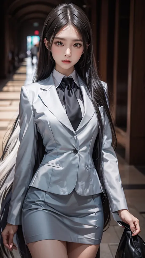 business woman, beautiful woman, Wear a suit and tie, short skirt suit, business suitwhite, กระโปรงดินสอสั้นwhite, business suit...