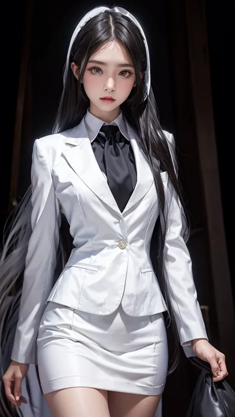 business woman, beautiful woman, wear a suit and tie, short skirt suit, business suitwhite, กระโปรงดินสอสั้นwhite, business suit...