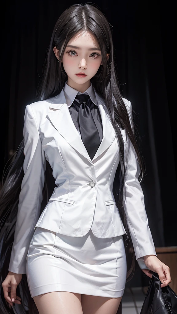 business woman, beautiful woman, Wear a suit and tie, short skirt suit, business suitwhite, กระโปรงดินสอสั้นwhite, business suitรัดรูป, All white outfit, Emphasize the curves of the body, (สาวสวยTwo meter long hair, my hair is very long., extra long hair, long black hair), business suit, (Italian style suit, two button suit), (Italian suit, white สูท, Set of two buttons), (wearing a women&#39;s suit, Business Women Suit, white), (สูทผู้หญิงwhite), (เสื้อเชิ้ตwhite), necktie, (necktieสั้นสีดำ, necktieสีดำ, necktieผอม, ถักnecktie), (military rank insignia), (Short pencil skirtwhite), (Dynamic posts), full body, (A gigantic rift), (big breasts, thin body, small waist, hips raised, small thighs, Long legs), high-heelsสีดำ, (Short pencil skirt, white), Wearing a suit for a business woman, (Wearing a white businesสูท, business suitหญิงwhite), (tight, military regalia, เสื้อwhite, กระโปรงwhite), Long legs, (black shoes), (Two gold สูท buttons, Two meter long hair, Form fitting suit, เสื้อสูทwhiteทรงธรรมดารัดรูป), (black shoes, high-heels), (stand, walk, elegant gesture, Dynamic posts), short dress, earring, garden, Modeling