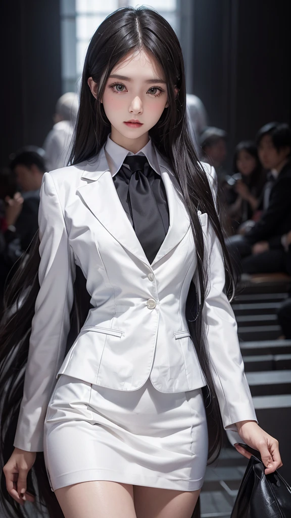 business woman, beautiful woman, Wear a suit and tie, short skirt suit, business suitwhite, กระโปรงดินสอสั้นwhite, business suitรัดรูป, All white outfit, Emphasize the curves of the body, (สาวสวยTwo meter long hair, my hair is very long., extra long hair, long black hair), business suit, (Italian style suit, two button suit), (Italian suit, white สูท, Set of two buttons), (wearing a women&#39;s suit, Business Women Suit, white), (สูทผู้หญิงwhite), (เสื้อเชิ้ตwhite), necktie, (necktieสั้นสีดำ, necktieสีดำ, necktieผอม, ถักnecktie), (military rank insignia), (Short pencil skirtwhite), (Dynamic posts), full body, (A gigantic rift), (big breasts, thin body, small waist, hips raised, small thighs, Long legs), high-heelsสีดำ, (Short pencil skirt, white), Wearing a suit for a business woman, (Wearing a white businesสูท, business suitหญิงwhite), (tight, military regalia, เสื้อwhite, กระโปรงwhite), Long legs, (black shoes), (Two gold สูท buttons, Two meter long hair, Form fitting suit, เสื้อสูทwhiteทรงธรรมดารัดรูป), (black shoes, high-heels), (stand, walk, elegant gesture, Dynamic posts), short dress, earring, garden, Modeling