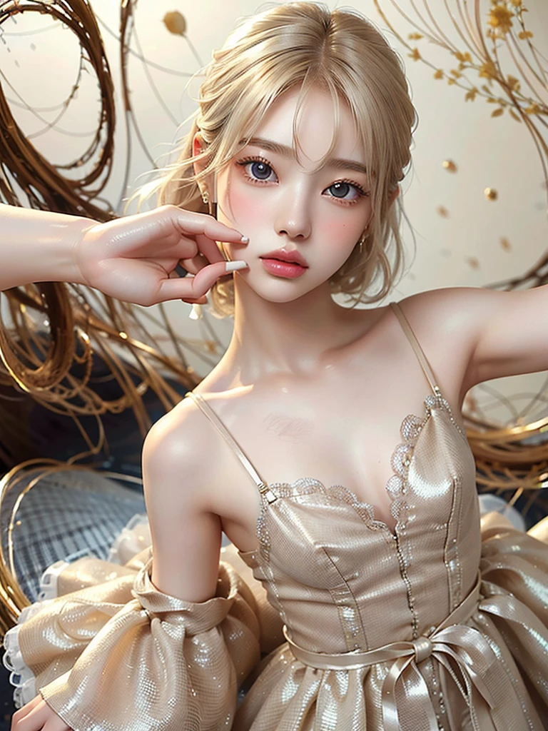 8K,Confused, High resolution, Very detailed, 1 Girl, alone, Very beautiful eyes, Ultra-precise depiction, Very detailed depiction, (Tangled:1.2), , (Abstract background:1.5), (Wedding dress:1.2 Short platinum blonde, (Shiny skin), Many colors, , (Shooting from above:1.2),Small body、Flat Body、slim、cute、、Round face、Cast a Shadow、See-through、