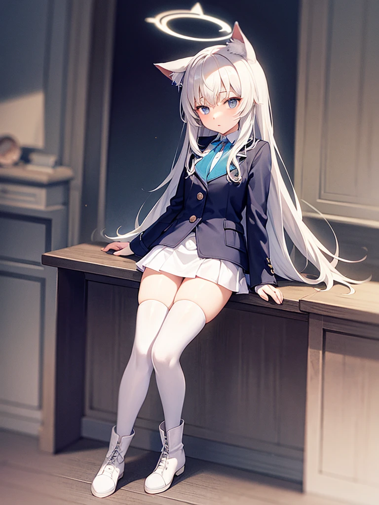 White silk tights，Short skirt，Boots，Lining，coat，White long hair，A cat lady，Loli，small headdress，White, light blue, light pink，Standing，Halo