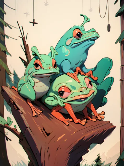 small lovely, kind and fabulous frogs on a log in the forest