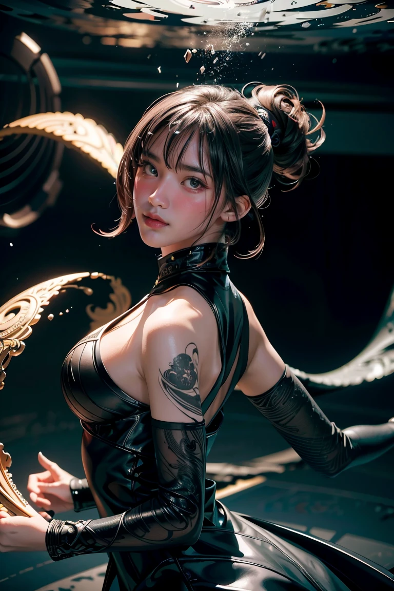 ((masterpiece, best quality)), ultra detailed 8k, photorealistic, sharp focus, highly detailed, professional lighting , shadowmancer, photo of a woman, ink particle, ((swirling black ink floating around)), futuristic fantasy, futuristic black dress, dynamic pose, realistic, masterpiece, intricate details, detailed background, depth of field,