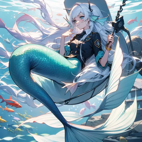 Long hair white, mermaid,white fish tail, handcuffs in(fish tail,hand,neck), torture, hospital 