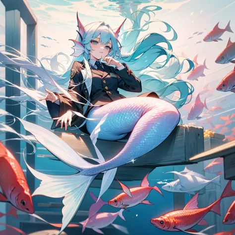 Long hair white, mermaid,white fish tail, handcuffs in(fish tail,hand,neck), torture, hospital 