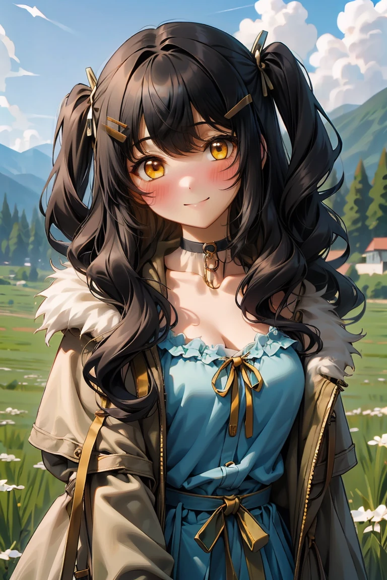 (masterpiece:1.2), (high quality:1.2), girls with((1girl, solo, black hair, yellow eyes, (wavy long hair, one side up, hairclips:1.3), blush, breasts, choker, cleavage, coat, cowboy shot, blue lace dress, camisole, ribbon waist belt, black ribbon belt, collar, collarbone, rosary, rosary choker, cross, fur, fur trim, parka, khaki hoodie, green hoodie, khaki jacket, hood down, hooded coat, hooded jacket, hoodie, jacket, large breasts, long sleeves, medium breasts, open clothes, open coat,open hoodie, sleeveless, winter clothes, zipper, cleavage, upper body, hand up, waving, palm)), background with((architecture, blue sky, bush, castle, village, no humans, cloud, cloudy sky, day, field, garden, grass, hill, house, lamppost, landscape, mountain, mountainous horizon, nature, no humans, outdoors, scenery, shrine, sky))