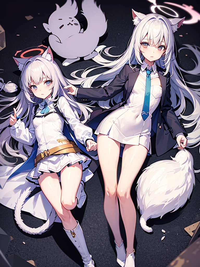 White silk tights，Short skirt，Boots，Lining，coat，White long hair，A cat lady，Loli，small headdress，White, light blue, light pink，Standing，Halo