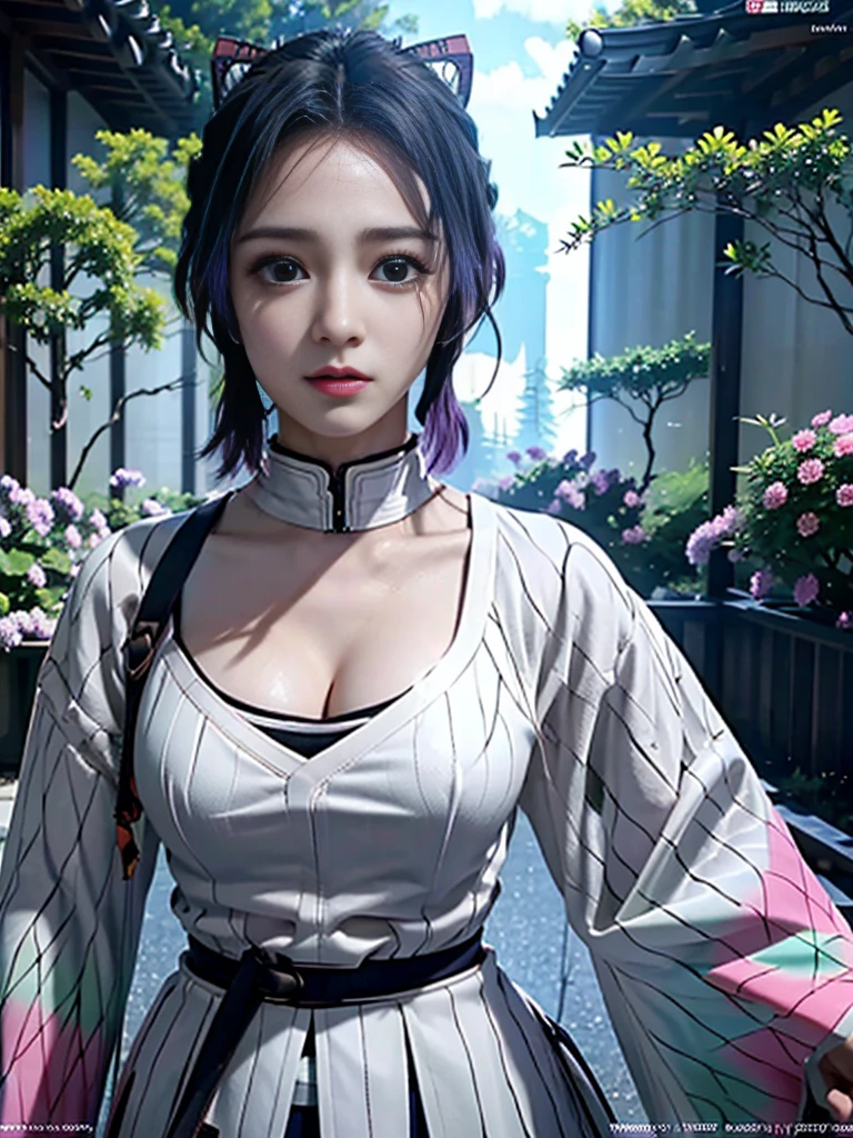 Realistic, Super detailed, High resolution, highest quality, Super detailedな,1 Female , Official Art, unity 8k wallpaper, Super detailed, beautiful and aesthetic, beautiful, masterpiece,( Super busty breasts:1.8,Small waist)、Glowing Skin,masterpiece, wonderful, (CG illustration),Asian, Ultra-realistic textured face and skin、Accurate anatomy、samurai、Colorful armor、Radiation Hair, bangs,Short Bob、((samurai))、sword,Facial details、Dynamic Pose、Dynamic Action、Dynamic Angle、Detailed Background、Wisteria flower、In combat、duel、Degrees of Freedom:1.3