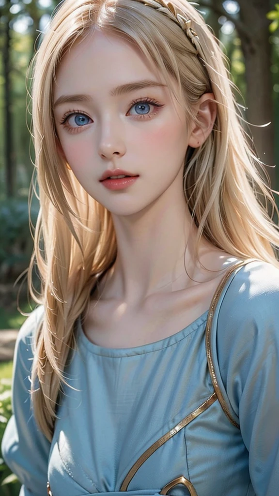 One Girl，(1人のとてもcute女の子:1.3)，masterpiece，Highest quality，High resolution，From below，Low - Angle，Photorealistic，RAW Photos，Ray Tracing，Physically Based Rendering，beautiful girl，(12 years old:1.3)，cute，Big Blue Eyes，(detailed pupils:1.2)，(The face is facing straight ahead:1.3)，Body facing forward，Beautiful nose，Upturned nose，Fuller lips，Platinum Blonde Hair，Detailed eyelashes，Thin eyebrows，Very fine grain definition，(Symmetrical eyes，Golden Ratio:1.3)，(Face close-up，Face Focus:1.0)，Small breasts，Short neck，Light blue dress，White apron，forest，Alice in Wonderland，Spring sunlight，Soft Light，Portrait，View Viewer，Upper Body，Cinema Lighting，High resolution，Very detailed