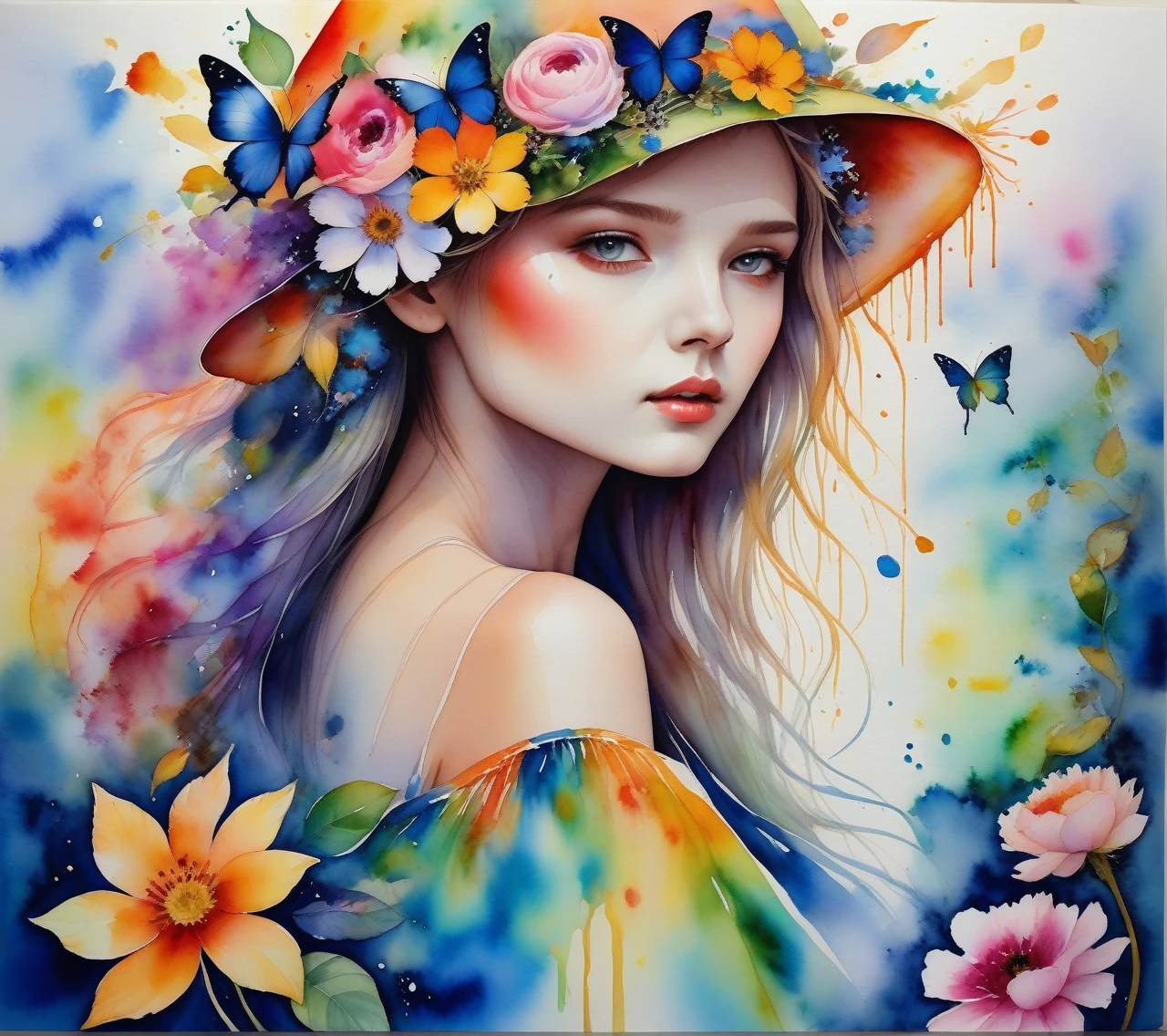 high quality, masterpiece, Watercolor, wash technique, colorful, A painting with paint dripping and spreading, blurry, pale touch, blurred outline, like a fairy tale, Beautiful woman made with flower coloring, expressing women using flowers and plants, cut and combine petals and leaves, draw flowing hair and feminine dresses using colors and shapes of flowers, hat,  bright colors and nature, luminism, three-dimensional effect, enhanced beauty,