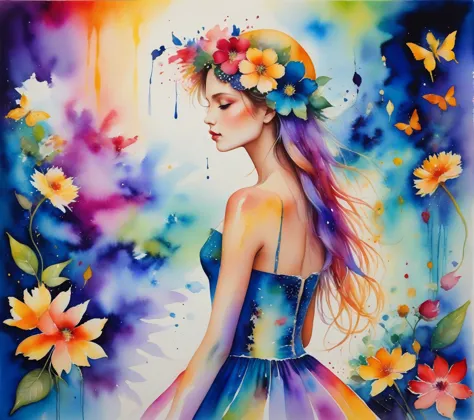 high quality, masterpiece, Watercolor, wash technique, colorful, A painting with paint dripping and spreading, blurry, pale touc...