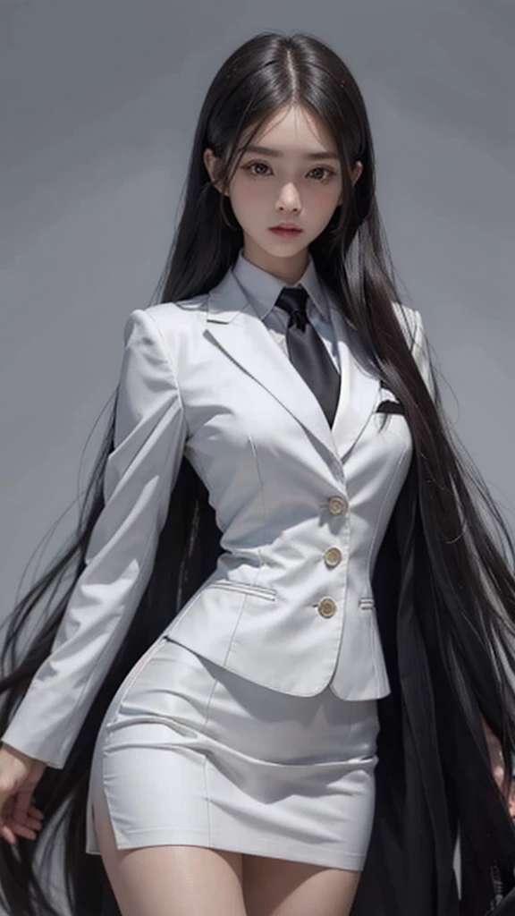 business woman, beautiful woman, Wear a suit and tie, short skirt suit, business suitwhite, กระโปรงดินสอสั้นwhite, business suitรัดรูป, All white outfit, Emphasize the curves of the body, (สาวสวยTwo meter long hair, my hair is very long., extra long hair, long black hair), business suit, (Italian style suit, two button suit), (Italian suit, white สูท, Set of two buttons), (wearing a women&#39;s suit, Business Women Suit, white), (สูทผู้หญิงwhite), (เสื้อเชิ้ตwhite), necktie, (necktieสั้นสีดำ, necktieสีดำ, necktieผอม, ถักnecktie), (military rank insignia), (Short pencil skirtwhite), (Dynamic posts), full body, (A gigantic rift), (big breasts, thin body, small waist, hips raised, small thighs, Long legs), high-heelsสีดำ, (Short pencil skirt, white), Wearing a suit for a business woman, (Wearing a white businesสูท, business suitหญิงwhite), (tight, military regalia, เสื้อwhite, กระโปรงwhite), Long legs, (black shoes), (Two gold สูท buttons, Two meter long hair, Form fitting suit, เสื้อสูทwhiteทรงธรรมดารัดรูป), (black shoes, high-heels), (stand, walk, elegant gesture, Dynamic posts), short dress, earring, garden, Modeling, full body, ภาพfull body, military rank insignia