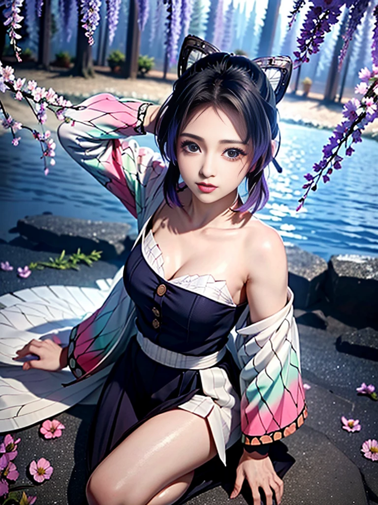 Realistic, Super detailed, High resolution, highest quality, Super detailedな,1 Female , Official Art, unity 8k wallpaper, Super detailed, beautiful and aesthetic, beautiful, masterpiece,( Super busty breasts:1.8,Small waist)、Glowing Skin,masterpiece, wonderful, (CG illustration),Asian, Ultra-realistic textured face and skin、Accurate anatomy、samurai、Colorful armor、Radiation Hair, bangs,Short Bob、((samurai))、sword,Facial details、Dynamic Pose、Dynamic Action、Dynamic Angle、Detailed Background、Wisteria flower、In combat、duel、Degrees of Freedom:1.3