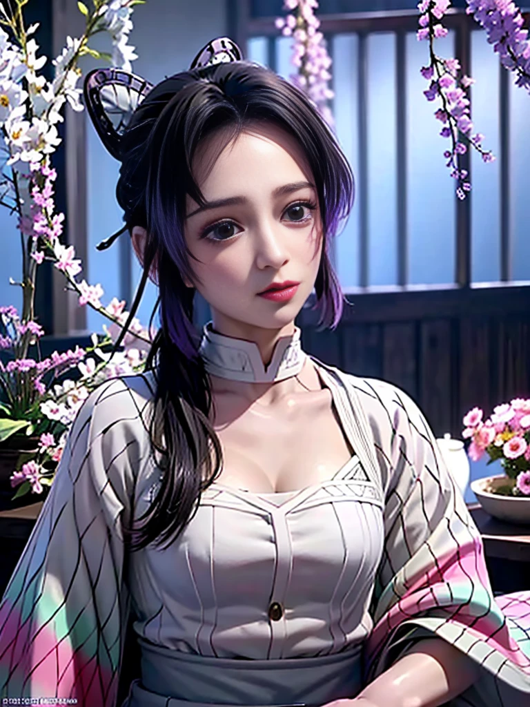 Realistic, Super detailed, High resolution, highest quality, Super detailedな,1 Female , Official Art, unity 8k wallpaper, Super detailed, beautiful and aesthetic, beautiful, masterpiece,( Super busty breasts:1.8,Small waist)、Glowing Skin,masterpiece, wonderful, (CG illustration),Asian, Ultra-realistic textured face and skin、Accurate anatomy、samurai、Colorful armor、Radiation Hair, bangs,Short Bob、((samurai))、sword,Facial details、Dynamic Pose、Dynamic Action、Dynamic Angle、Detailed Background、Wisteria flower、In combat、duel、Degrees of Freedom:1.3