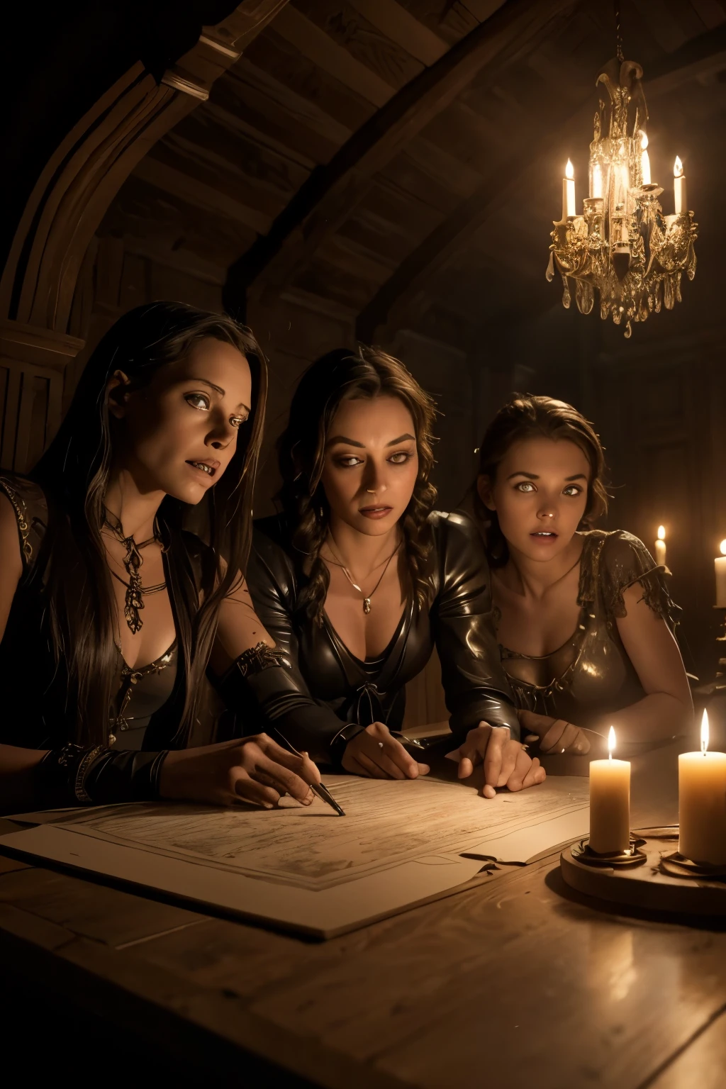 a detailed fantasy scene of three young girls exploring an ancient, mysterious house, extremely detailed eyes and faces, beautiful detailed lips, longeyelashes, highly realistic, photorealistic, 8k, masterpiece, studio lighting, vivid colors, dramatic lighting, ornate architecture, dusty textures, cobweb-covered walls, mysterious atmosphere, sense of discovery, warm light from candles, glowing magical artifacts, capture the essence of this magical and mysterious encounter. Your drawing will be fundamental for the creation of a unique publication, which combines the gothic atmosphere and the charm of the supernatural. Remember to add evocative details, such as candle flames dancing in the dark, shadows moving ominously along the rock walls, . Highlight the aura of mystery and emotion that this forbidden encounter evokes.