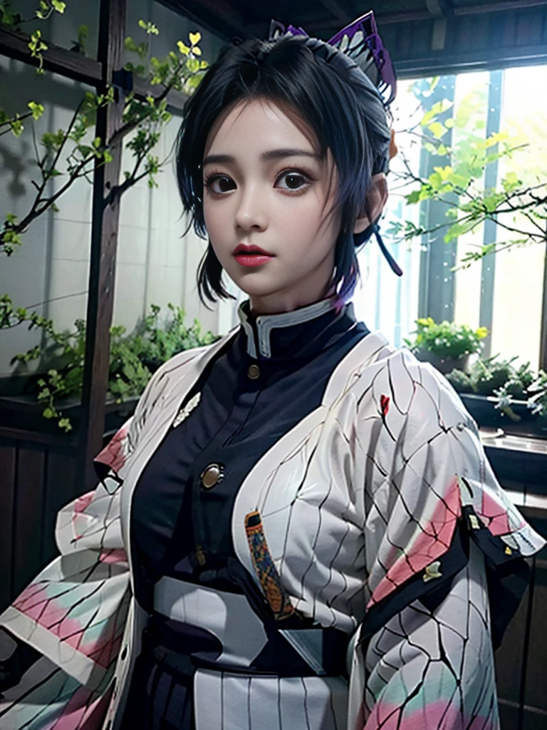 Realistic, Super detailed, High resolution, highest quality, Super detailedな,1 Female , Official Art, unity 8k wallpaper, Super detailed, beautiful and aesthetic, beautiful, masterpiece,( Super busty breasts:1.8,Small waist)、Glowing Skin,masterpiece, wonderful, (CG illustration),Asian, Ultra-realistic textured face and skin、Accurate anatomy、samurai、Colorful armor、Radiation Hair, bangs,Short Bob、((samurai))、sword,Facial details、Dynamic Pose、Dynamic Action、Dynamic Angle、Detailed Background、Wisteria flower、In combat、duel、Degrees of Freedom:1.3