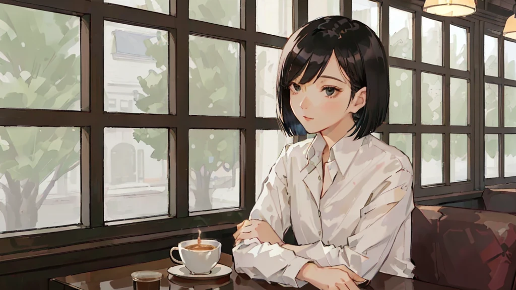 A 32-year-old androgynous adult with a bob cut sitting at a cafe table、Beautiful black hair、Looking down at the tree-lined street below、White coffee cup、Masterpiece、 Sitting alone in a café, Sitting alone in a cafe, Evening Lighting、Wooden retro cafe、White Shirt