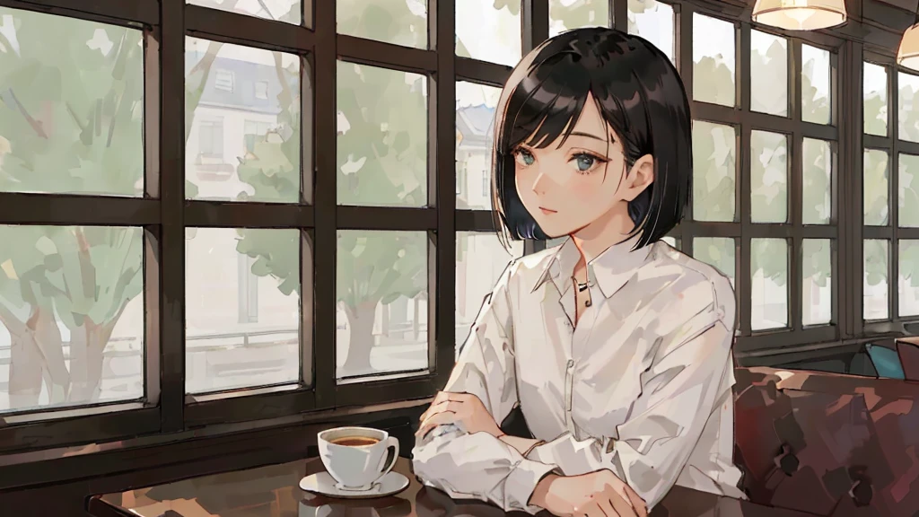 A 32-year-old androgynous adult with a bob cut sitting at a cafe table、Beautiful black hair、Looking down at the tree-lined street below、White coffee cup、Masterpiece、 Sitting alone in a café, Sitting alone in a cafe, Evening Lighting、Wooden retro cafe、White Shirt